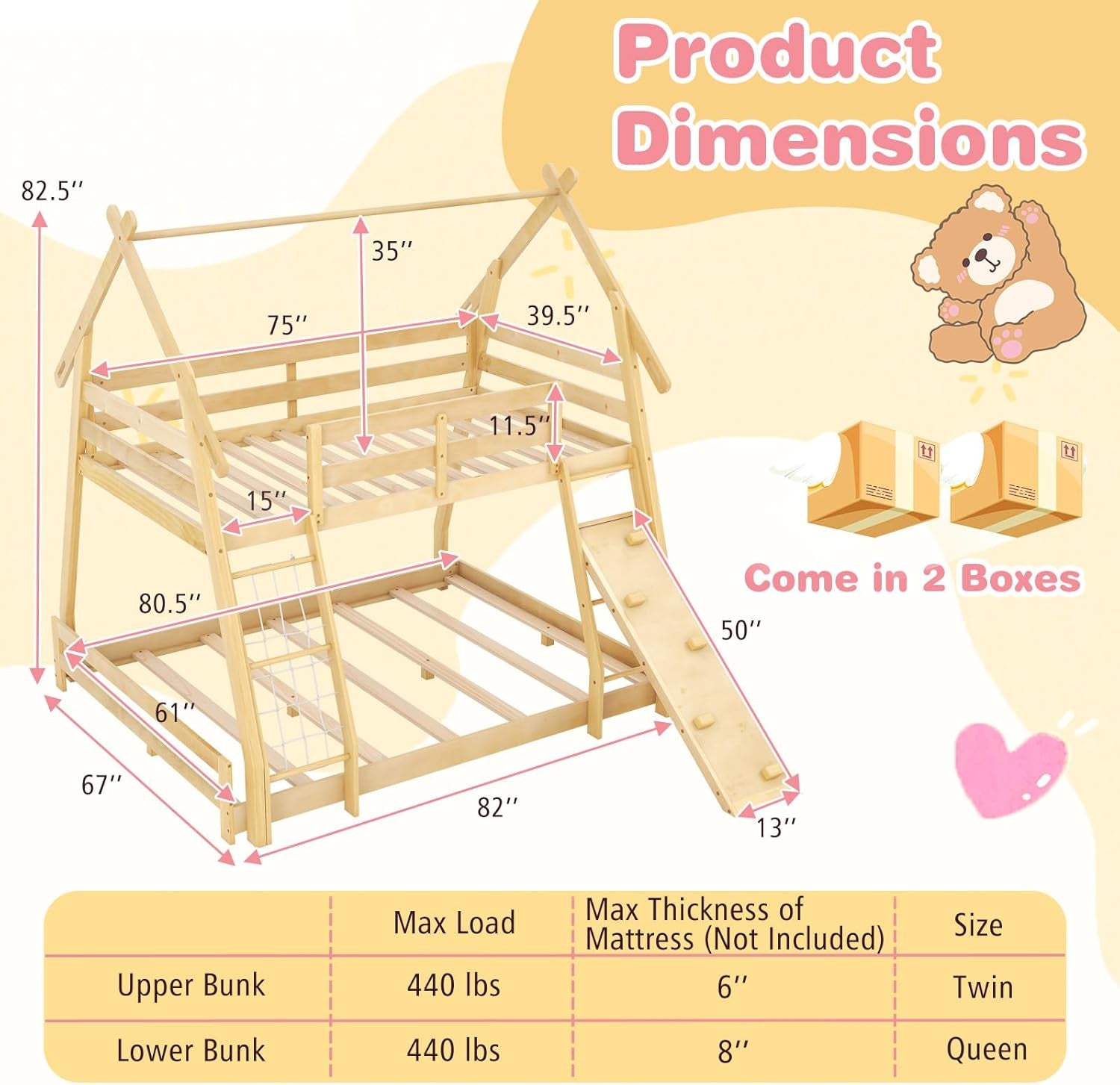 Twin over Queen Bunk Bed, Wood House Bunk Bed for Kids with Climbing Nets and Ramp, Floor Queen Size Bunk Beds with Safety Guardrail, No Box Spring Needed, for Boys Girls Adults (Natural)-1