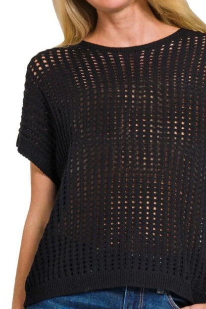 Zenana Viscose Crochet Knit Sheer Hollow Sweater