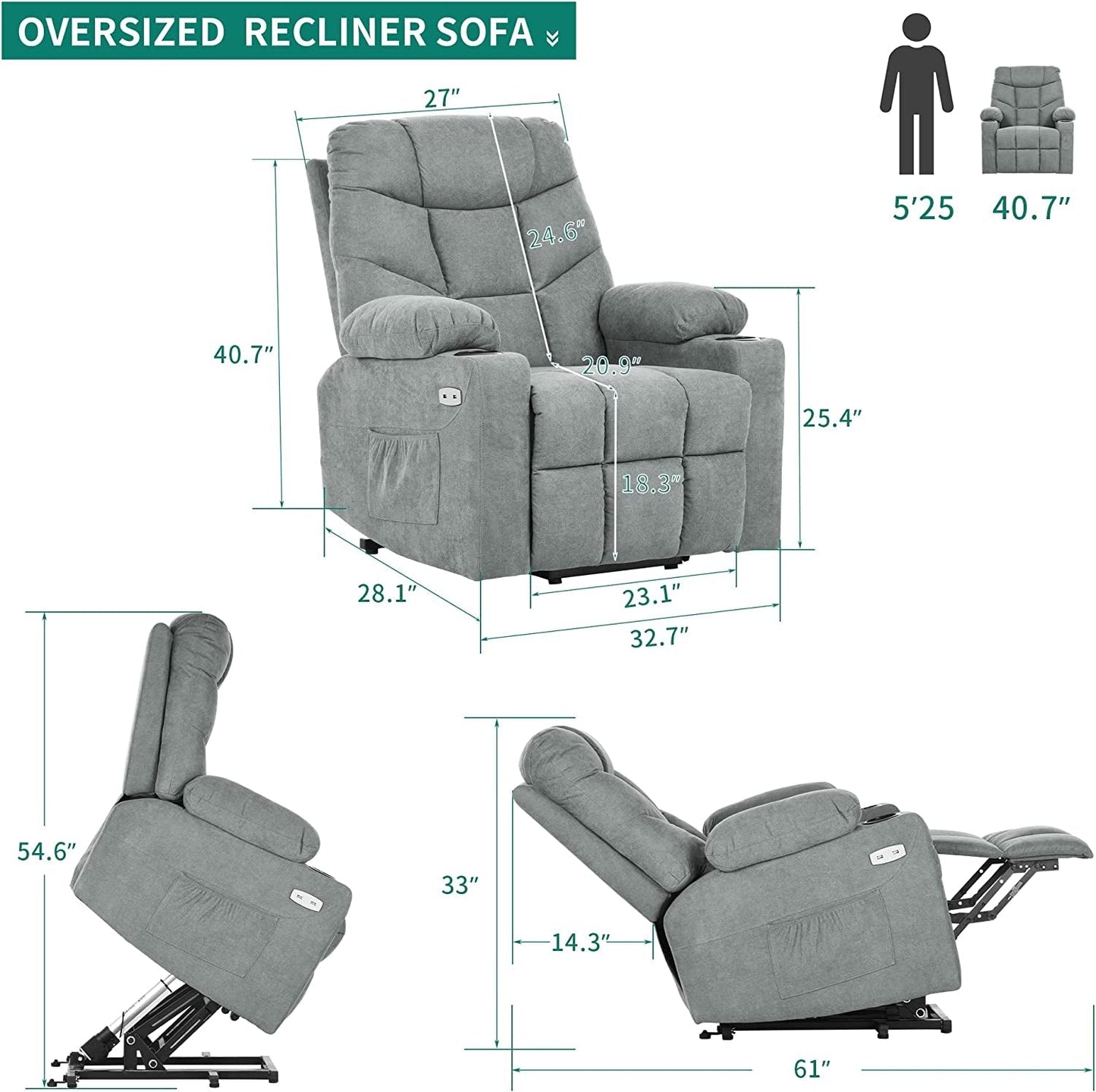 Electric Power Lift Recliner Chair with Massage and Heat (Grey)-2