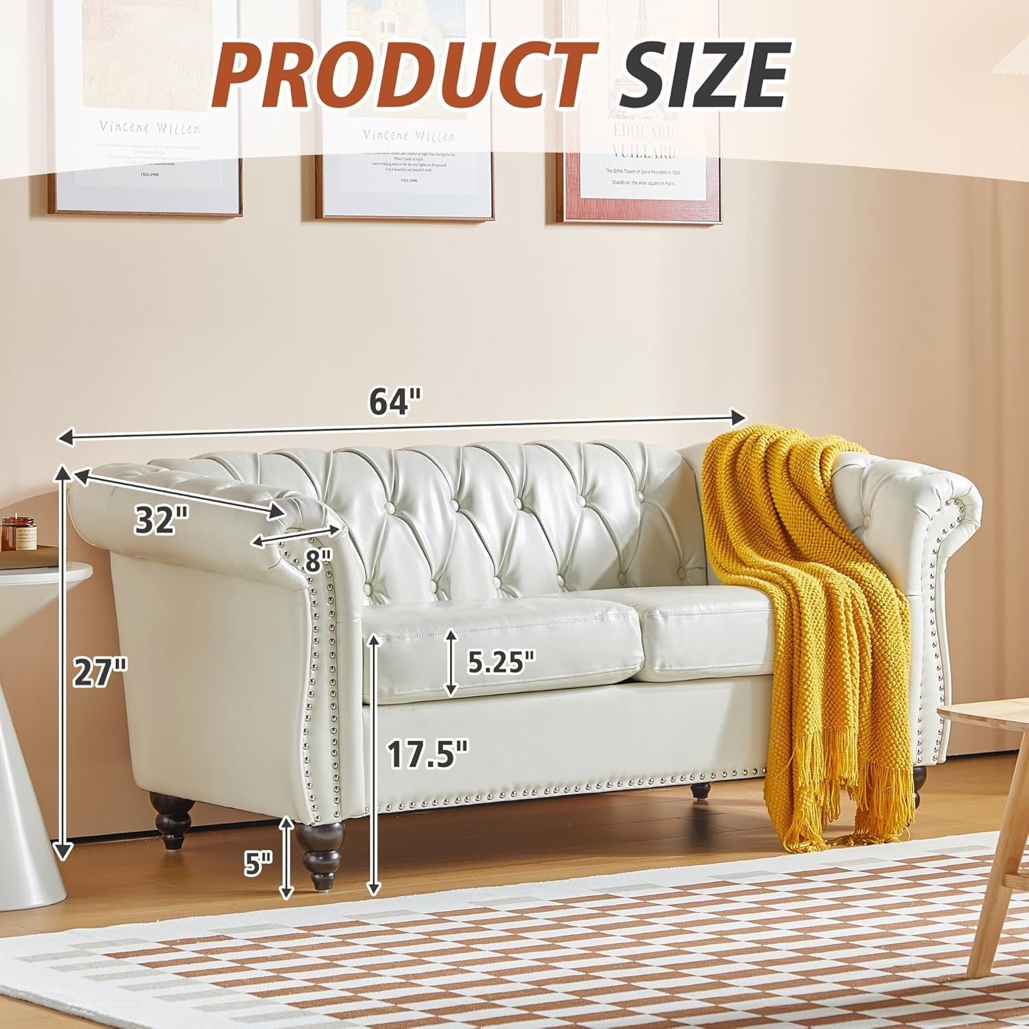 2 Piece Living Room Set, Chesterfield Faux Leather Sofa Couch Chair with Scroll Arms and Nailhead for Living Room, Office (White)-2