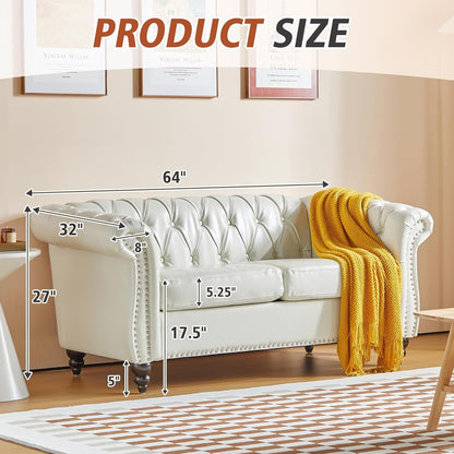 2 Piece Living Room Set, Chesterfield Faux Leather Sofa Couch Chair with Scroll Arms and Nailhead for Living Room, Office (White)-2