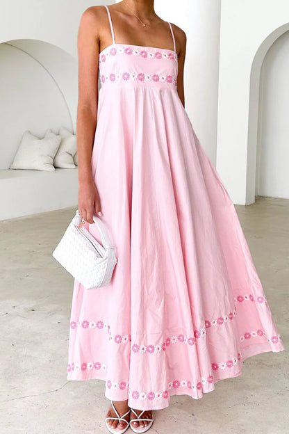 Floral Embroidered Spaghetti Strap Maxi Dress, Blue, Pink or Yellow  SM/MED/LG