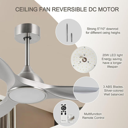 52 Inch Quiet DC Motor 6 Speed High CFM Modern Ceiling Fan with Lights Remote Control, 3 Blade Indoor Silver Ceiling Fan for Bedroom, Office, Living Room-4