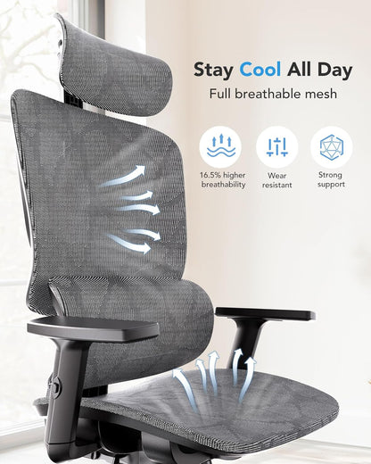 Ergonomic Mesh Office Chair, High Back Desk Chair with 5-Level Lumbar Support, Adjustable Headrest, Armrests, Rocking Tilt, Computer Mesh Chair for Home Office Gaming-4
