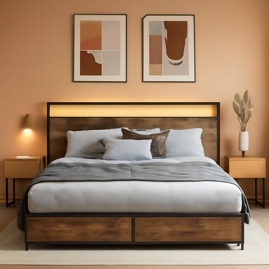 Vintage Queen Bed Storage Headboard, Drawers, Charge, LED-0