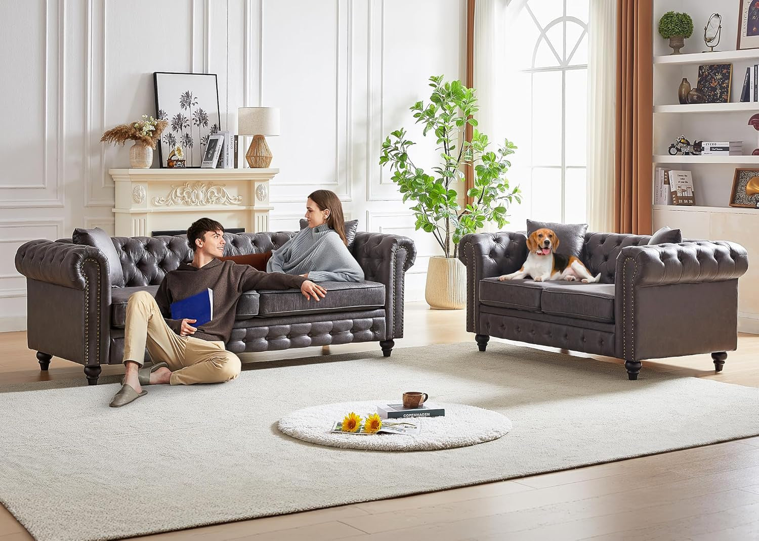 2 Piece Living Room Sofa Set,Button Tufted Couch and Loveseat Set with Nailhead Trim&Roll Armrest,Upholstered Mid Century Modern Couch,Chesterfield Sofa for Living Room,Office(Loveseat+3 Seater,Grey)-4