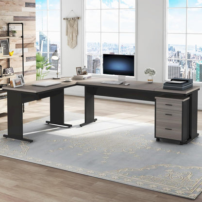 83 Inch L-Shaped Desk with Drawers, Large Executive Office Desk with 3-Drawer File Cabinet, Industrial Corner Computer Desk Business Workstation Furniture for Home Office (Gray)-2
