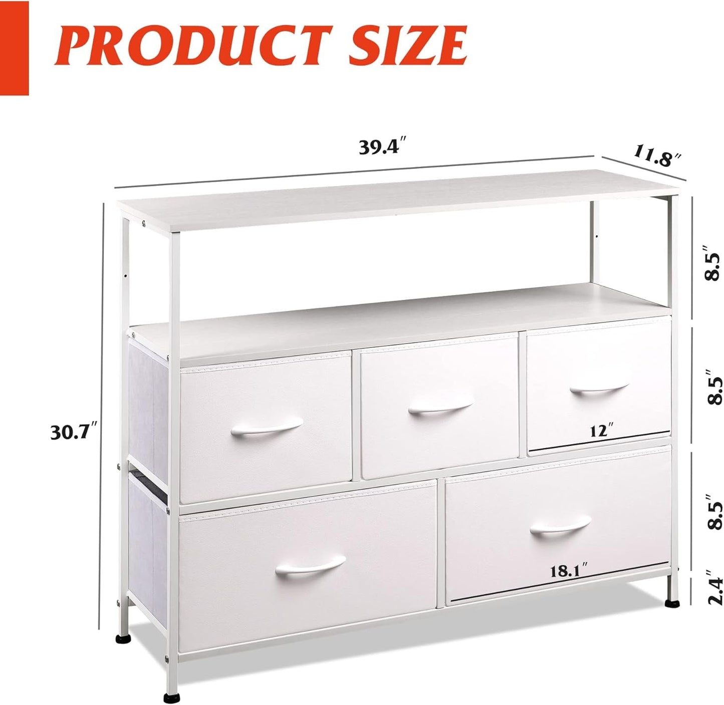 Dresser TV Stand for Bedroom, Entertainment Center with Open Shelf and Power Outlet, White Fabric Dressers with 5 Drawers, TV Stands for Closet-2