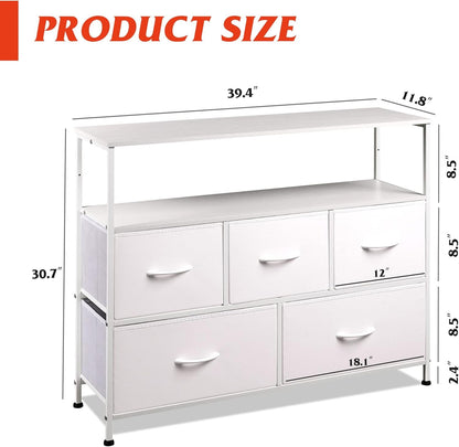 Dresser TV Stand for Bedroom, Entertainment Center with Open Shelf and Power Outlet, White Fabric Dressers with 5 Drawers, TV Stands for Closet-2