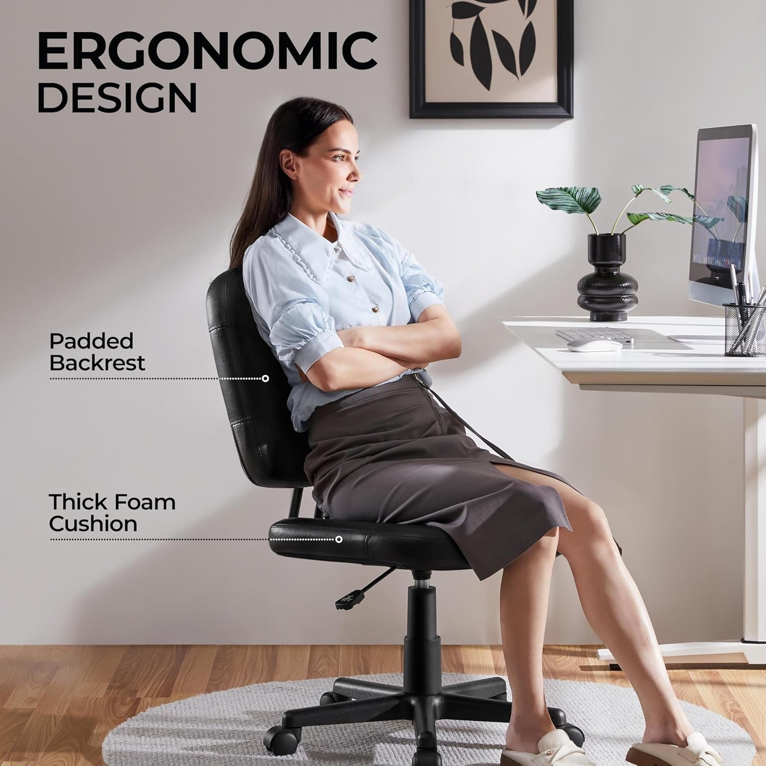 Armless Office Chair Ergonomic Desk Chair Low Back PU Leather Adjustable Swivel Chair Computer Task Chair, Black-4