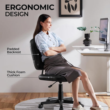 Armless Office Chair Ergonomic Desk Chair Low Back PU Leather Adjustable Swivel Chair Computer Task Chair, Black-4