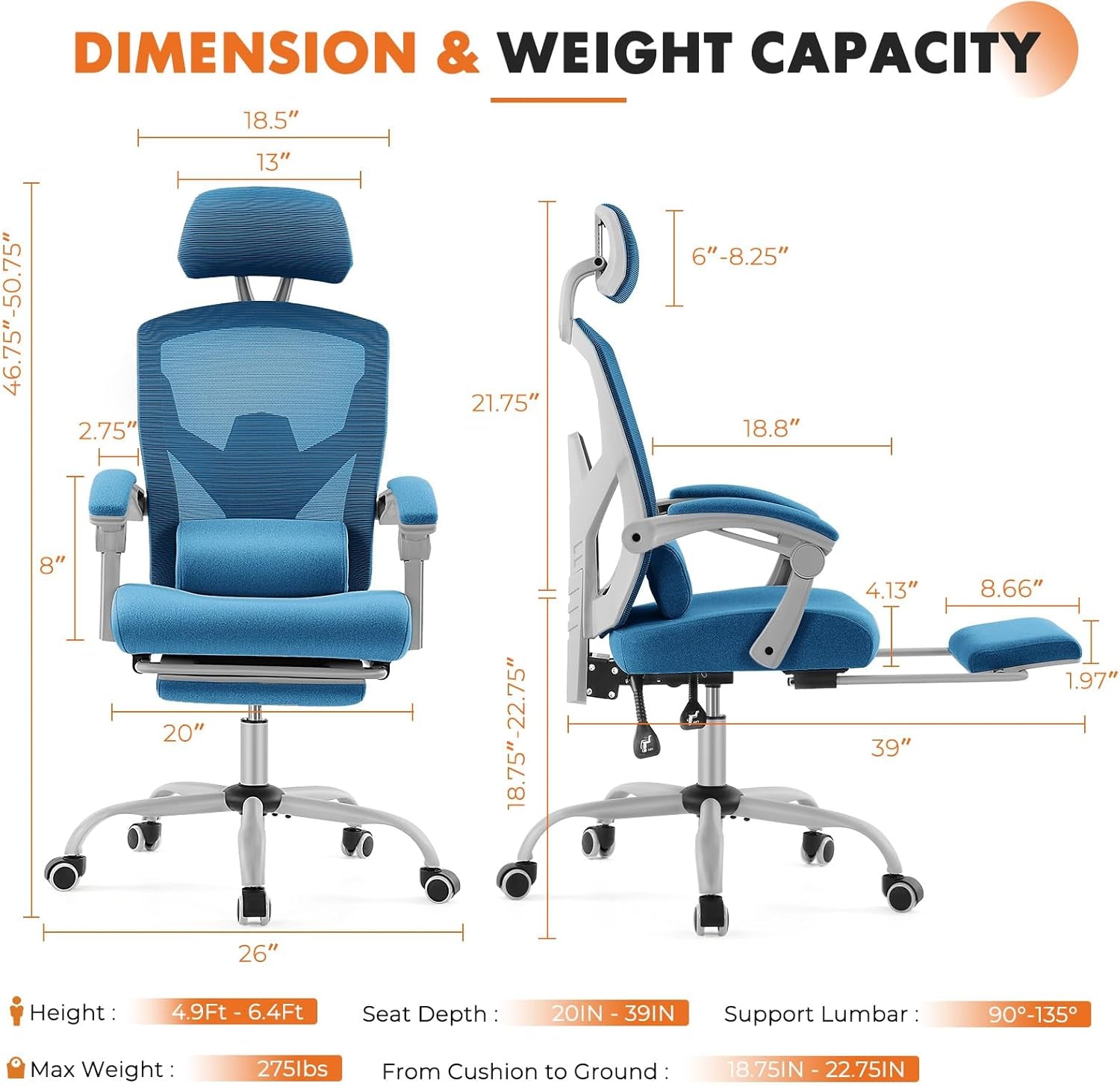 Office Computer Desk Chair, Ergonomic High-Back Mesh Rolling Work Swivel Chairs with Wheels, Comfortable Lumbar Support, Comfy Arms for Home, Bedroom, Study, Student, Blue-1