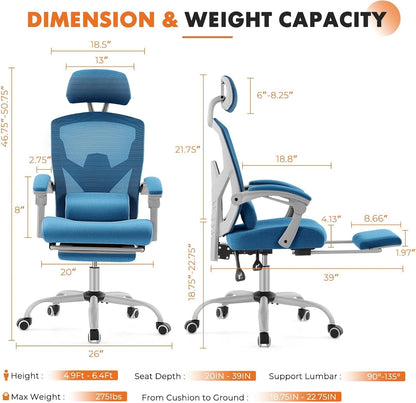 Office Computer Desk Chair, Ergonomic High-Back Mesh Rolling Work Swivel Chairs with Wheels, Comfortable Lumbar Support, Comfy Arms for Home, Bedroom, Study, Student, Blue-1