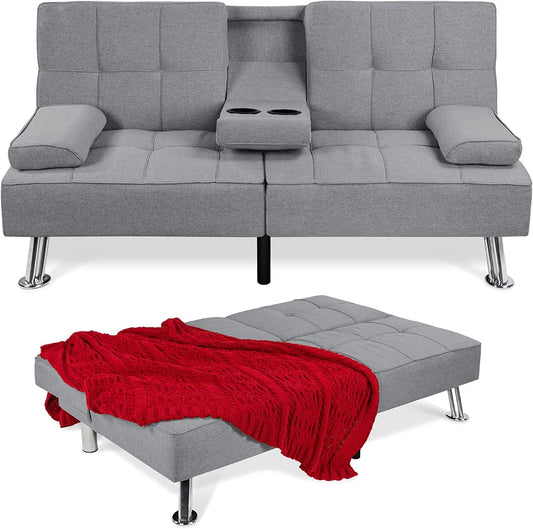 Linen Modern Folding Futon, Reclining Sofa Bed for Apartment, Dorm W/Removable Armrests, 2 Cupholders - Gray-0