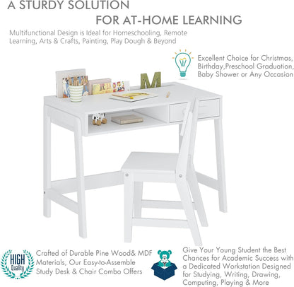 Kids Desk and Chair Set, Study Desk for Kids with Drawers, Wooden Children Study Table, Student Writing Desk Computer Workstation for Bedroom & Study Room-4