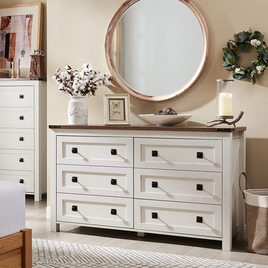 Rustic White Dresser with 6 Drawers for Bedroom Storage-0