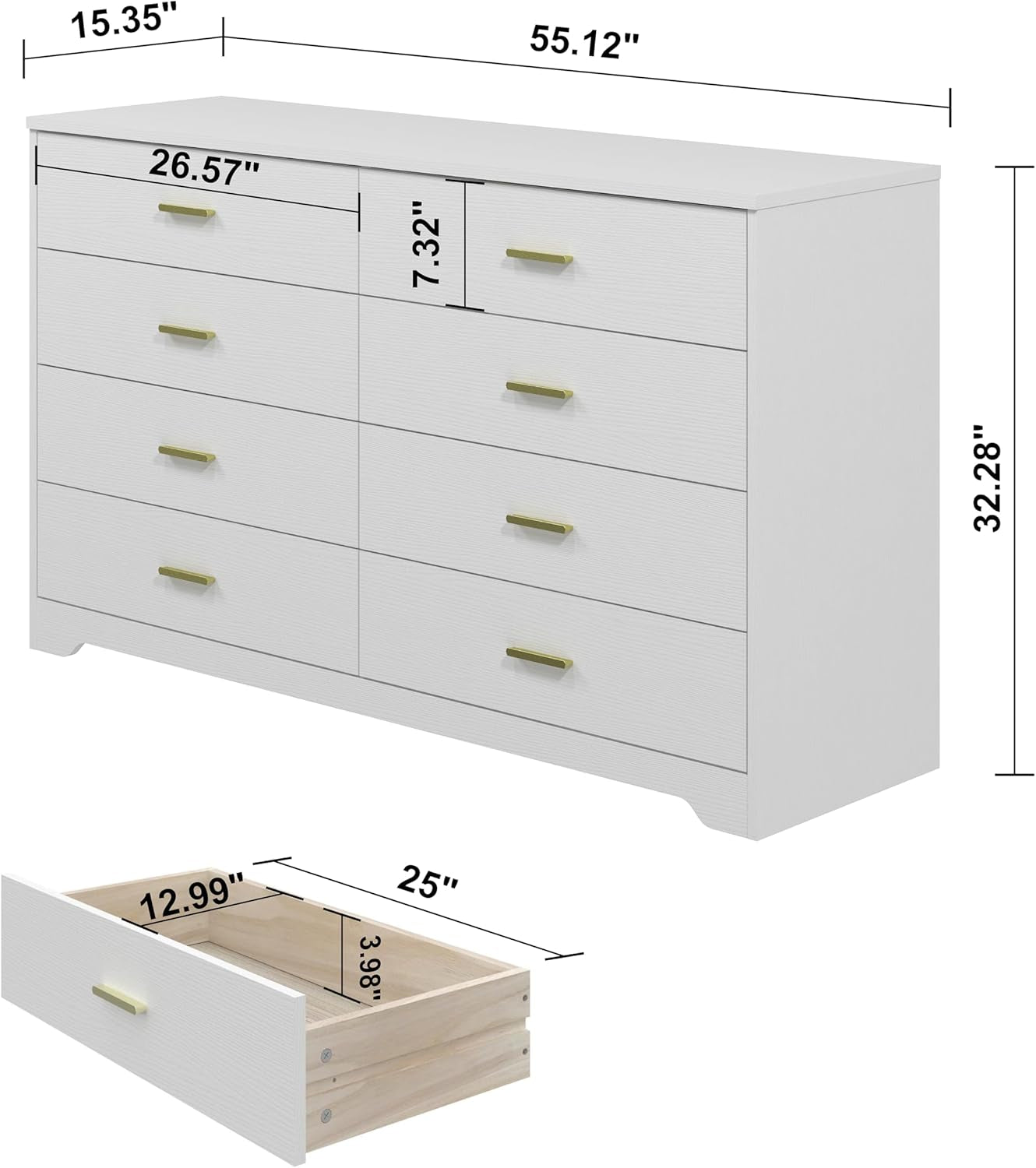 8 Drawer Wood Lateral Dresser, Big Wide Chest of Drawers Storage Organizer with Metal Gold Handles Home Bedroom (White)-2
