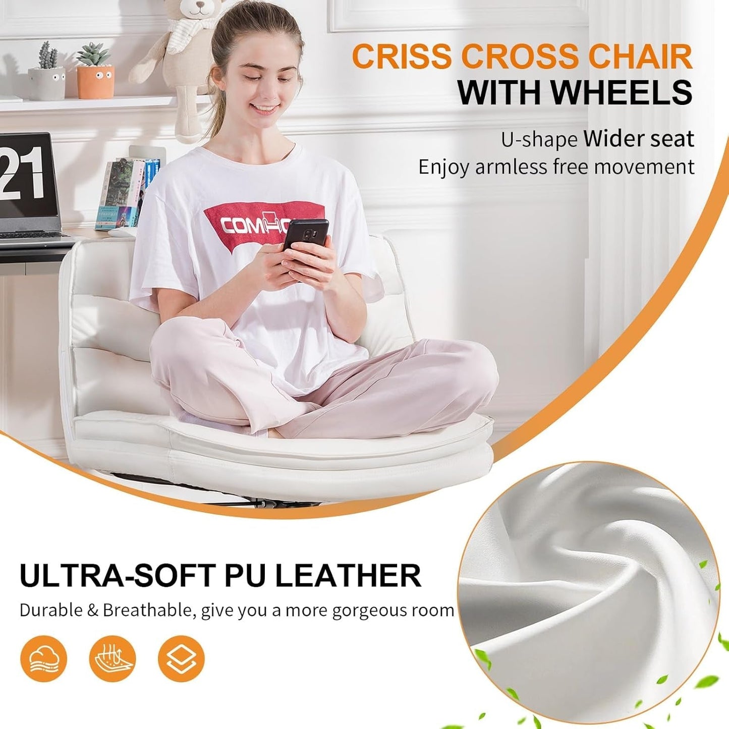 Criss Cross Chair with Wheels, Armless Wide Cross Legged Office Chair Mid Back, Modern Home Office Desk Chair Swivel Adjustable Vanity Computer Chair, Beige-2