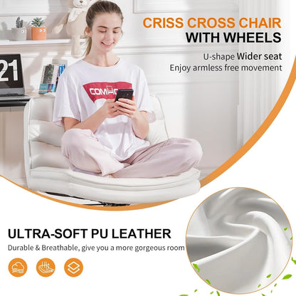 Criss Cross Chair with Wheels, Armless Wide Cross Legged Office Chair Mid Back, Modern Home Office Desk Chair Swivel Adjustable Vanity Computer Chair, Beige-2