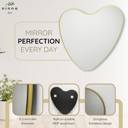 Elegant Irregular Heart Wall Mirror with Hand-Drawn Shape and Frameless Brass Edging - Modern Home Decor for Bedroom, Bathroom, Nursery, or Dorm Room - Large 26” X 26”-1