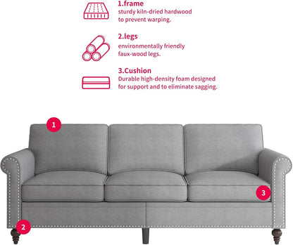 3PCS Sofa Set for Living Room,Modern Linen Couch Set with Nailhead Trim Design, Living Room Furniture Set for Office Apartment Home(Sofa & Loveseat & Chair/Light Grey)-4