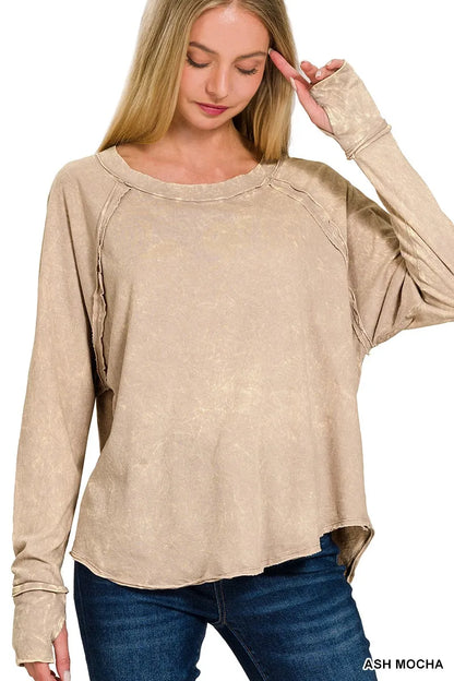 Zenana Crinkle Washed Thumb Hole Cuffs Long Sleeve Top