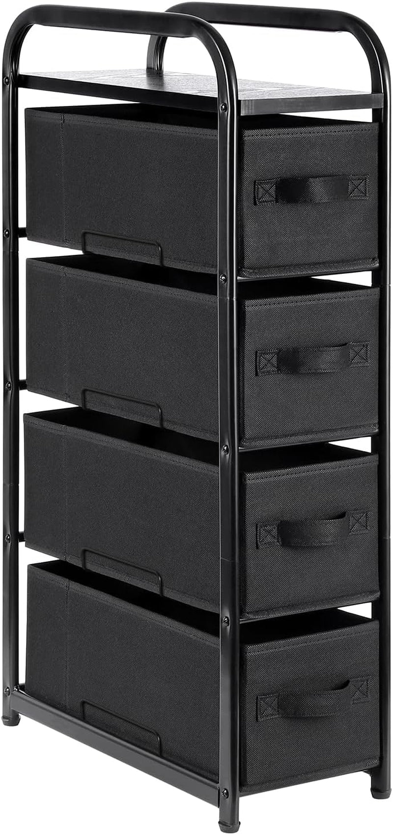 4 Drawer Narrow Dresser Fabric Storage Tower Vertical Slim Storage Chest Organizer Nightstand Side/End Table Small Standing Organizer Removable Drawers Wood Top for Bedroom, Bathroom（Black)-0