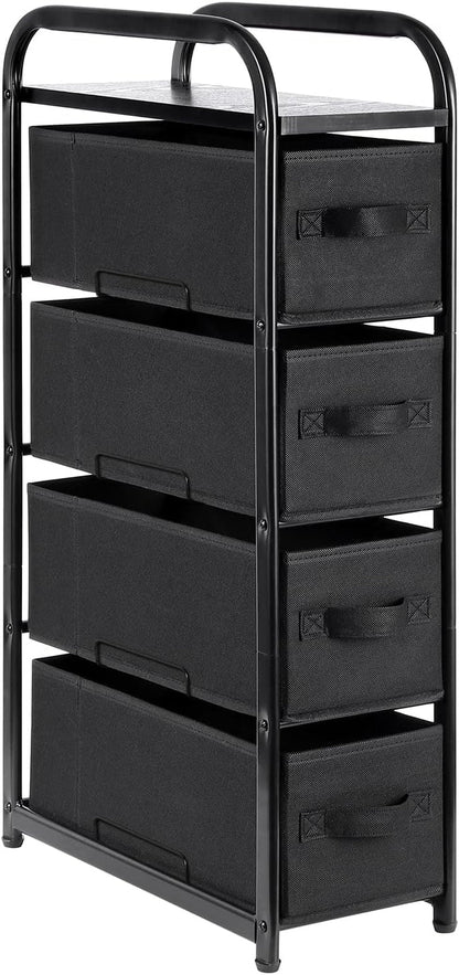 4 Drawer Narrow Dresser Fabric Storage Tower Vertical Slim Storage Chest Organizer Nightstand Side/End Table Small Standing Organizer Removable Drawers Wood Top for Bedroom, Bathroom（Black)-0