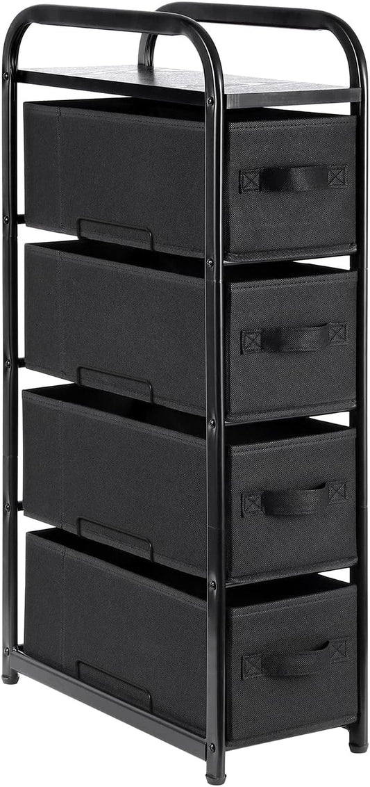 4 Drawer Narrow Dresser Fabric Storage Tower Vertical Slim Storage Chest Organizer Nightstand Side/End Table Small Standing Organizer Removable Drawers Wood Top for Bedroom, Bathroom（Black)-0