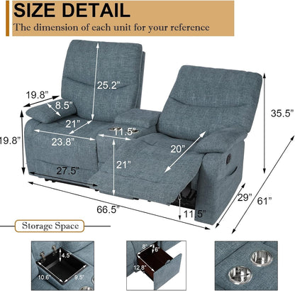 Double Reclining Loveseat - Fabric Home Theater Seating with Console - 2 Seater Manual Reclining Couch for Living Room, Office (Fabric- Blue)-1