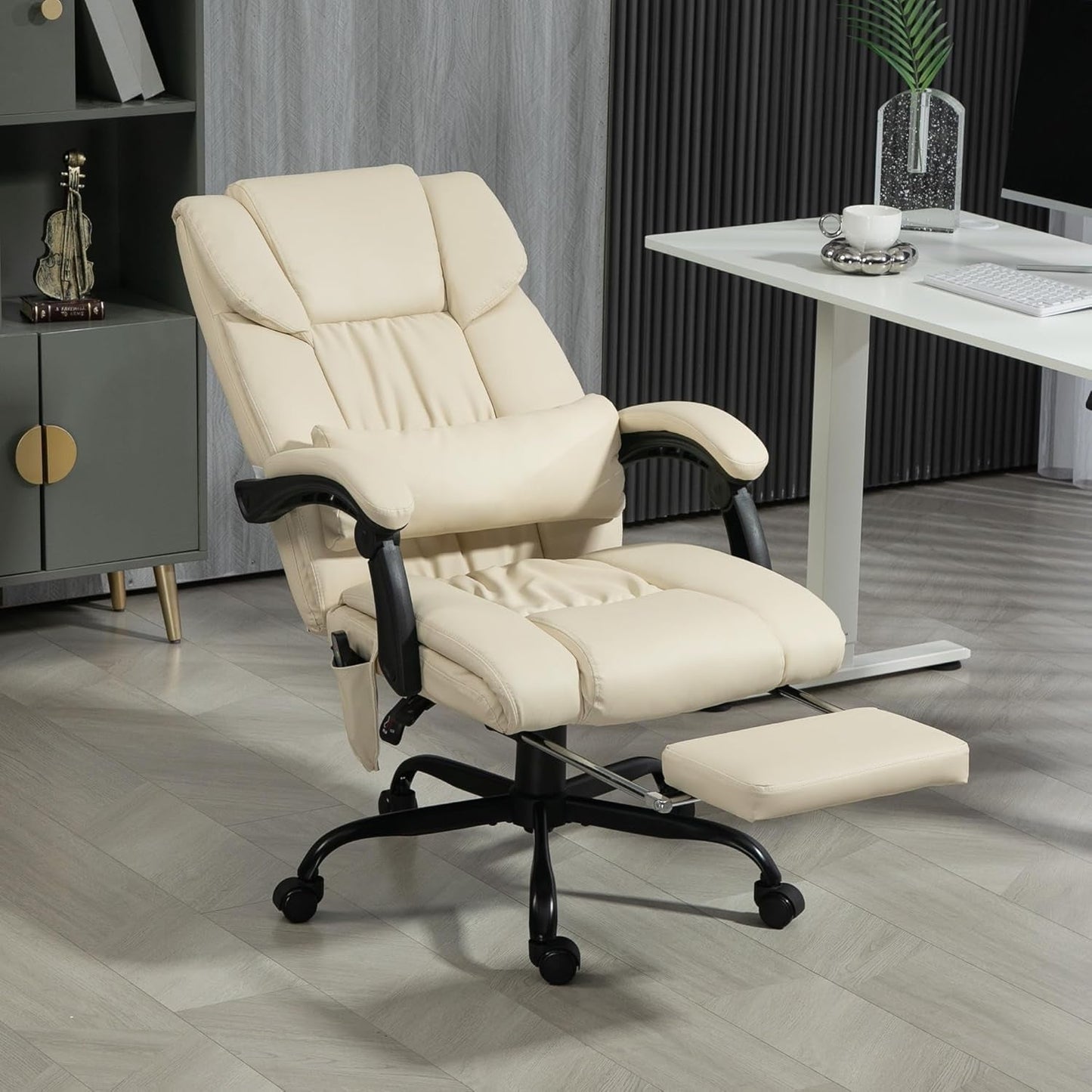 High Back Massage Office Chair with 6 Vibration Points, PU Leather Reclining Computer Chair, Ergonomic Desk Chair with Footrest Adjustable Height and Remote, Beige-1