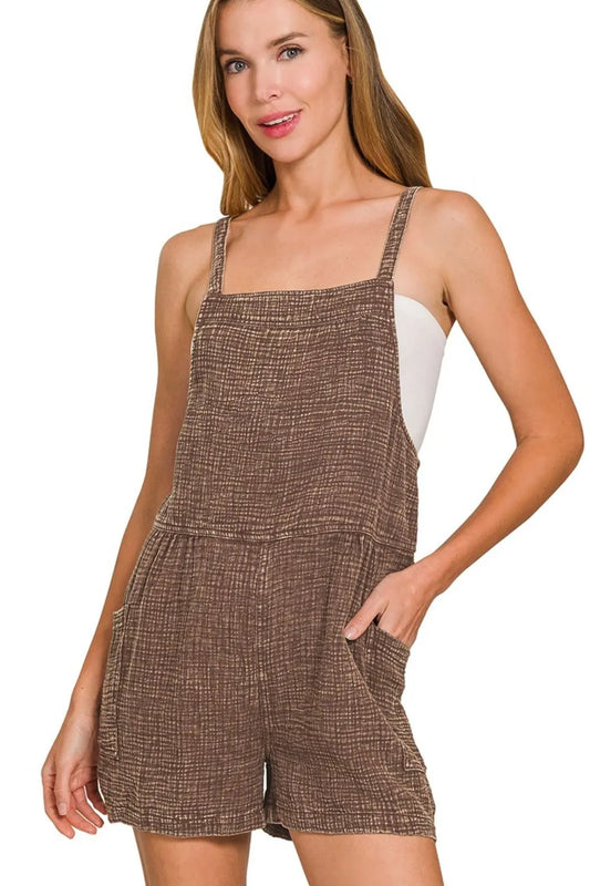 Zenana Washed Double Gauze Tie Back Rompers