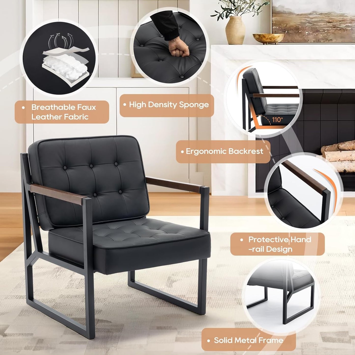 Mid Century Classic Black Leather Upholstered Chair-3