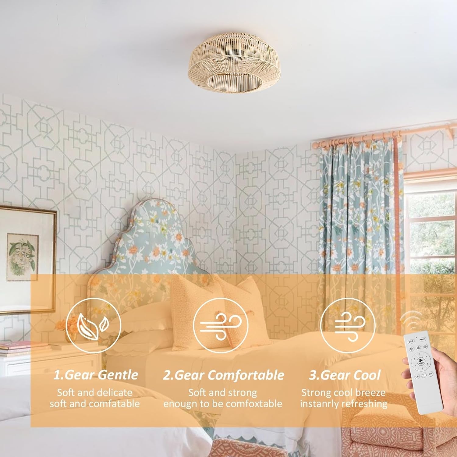 20" Boho Caged Ceiling Fan with Lights Flush Mount, Low Profile Rattan Ceiling Fans with Lights and Remote Control, Enclosed 6 Speeds for Bedroom, Living Room, Kitchen-1