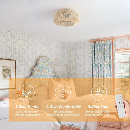 20" Boho Caged Ceiling Fan with Lights Flush Mount, Low Profile Rattan Ceiling Fans with Lights and Remote Control, Enclosed 6 Speeds for Bedroom, Living Room, Kitchen-1