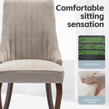 Beige Dining Chairs Set of 2，Comfortable Fabric Channel Tufted Upholstered Dining Room Chairs, Modern Kitchen Chairs for Dining Room with Curved Solid Wood Legs(Beige)-3