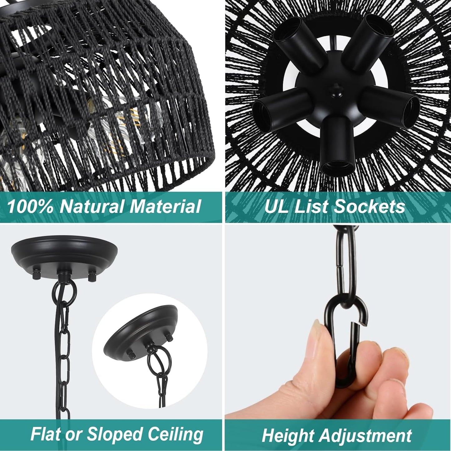 5-Light Black Rattan Chandelier Farmhouse Dining Room-3