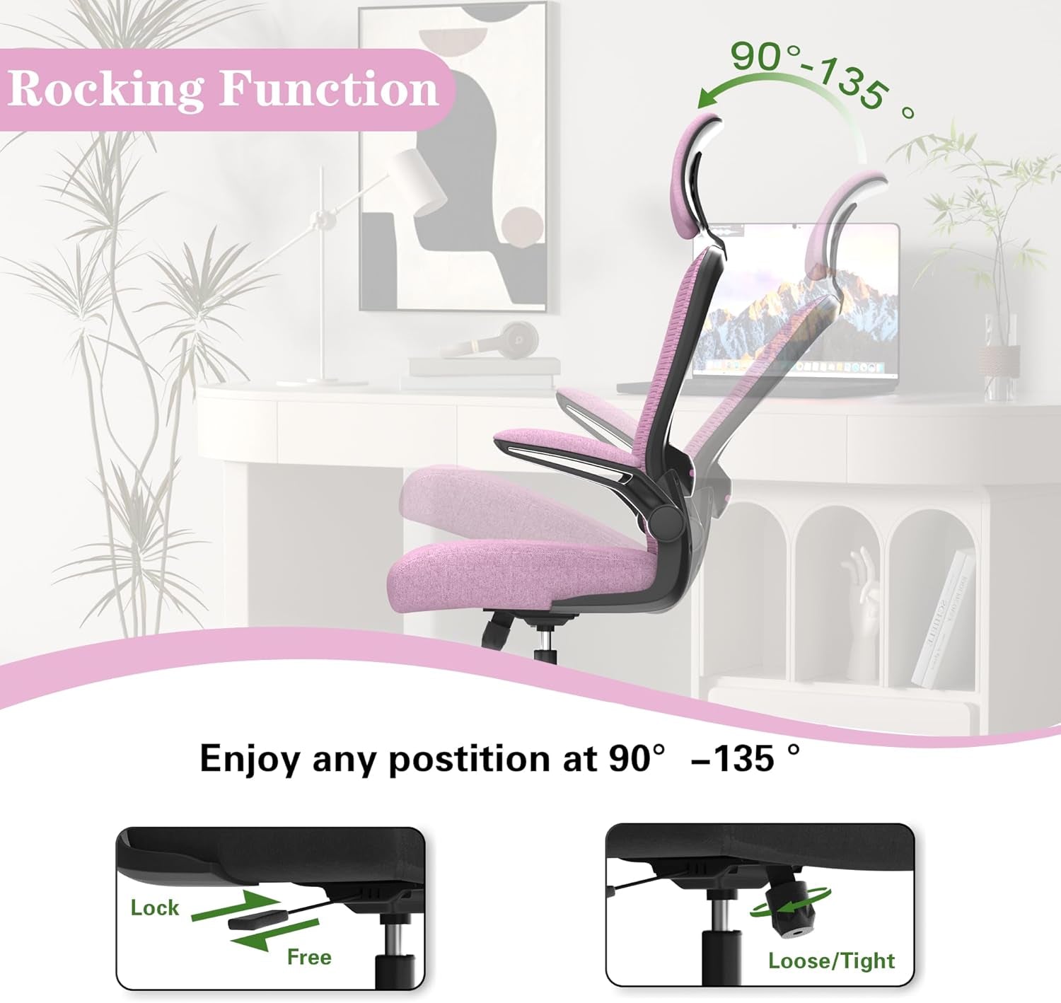 Ergonomic Mesh Office Chair, High Back Computer Desk Chair with Adjustable Lumbar Support & Headrest, Swivel Task Chair with Flip-Up Armrests for Home & Office (English, Light Purple)-1