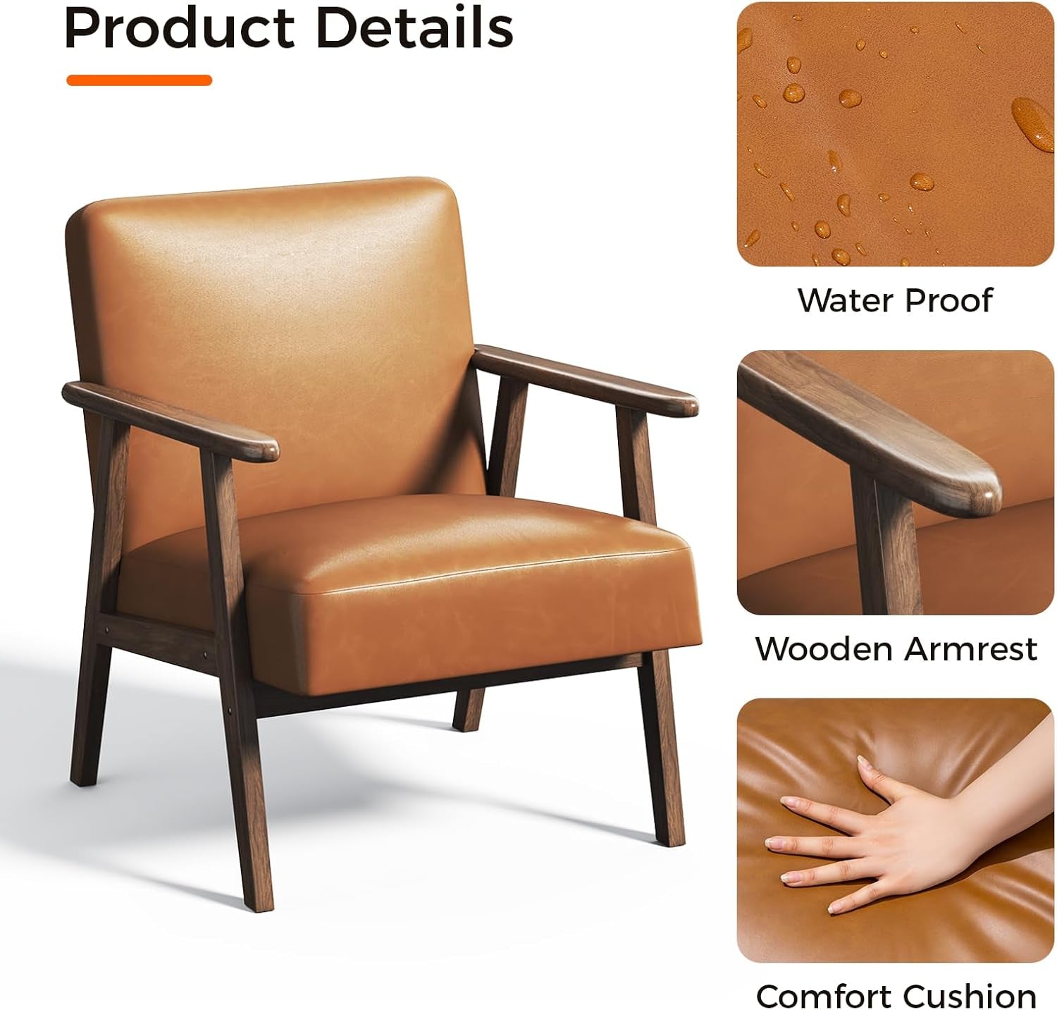 Brown PU Leather Upholstered Chair With SolidWoodLegs-4