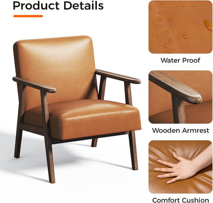 Brown PU Leather Upholstered Chair With SolidWoodLegs-4