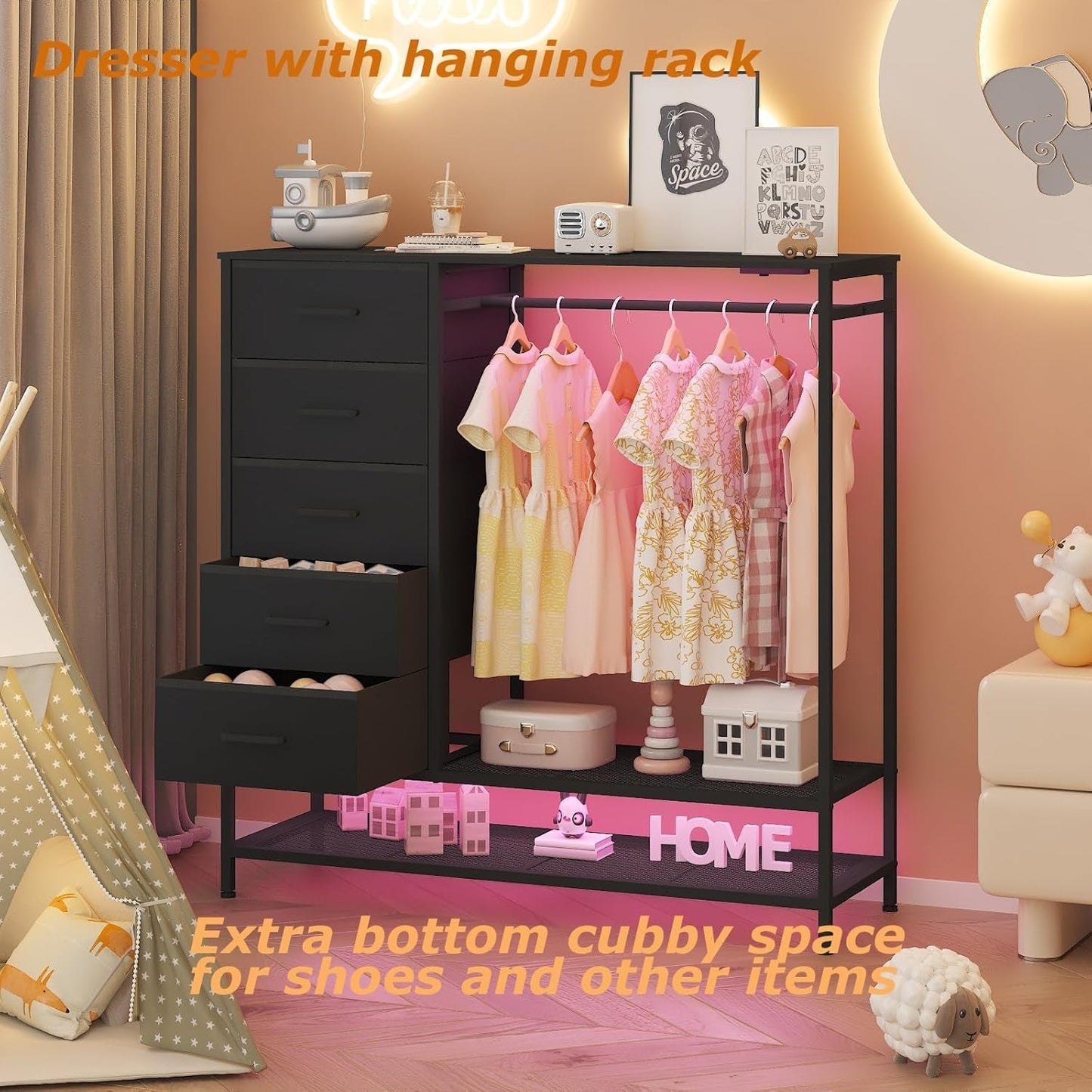 LED Dresser with Rack, Charging & 5 Drawers Black-2