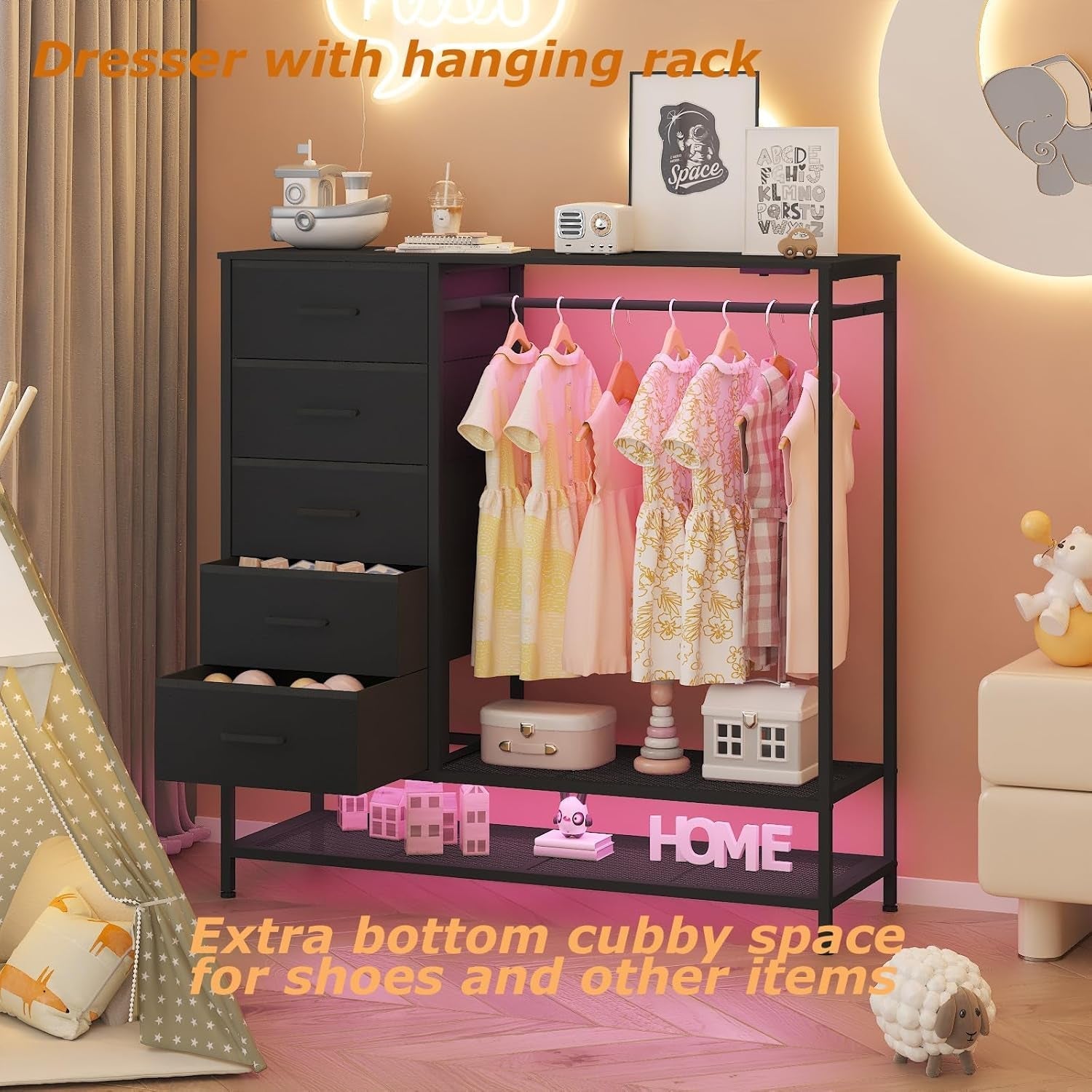 LED Dresser with Rack, Charging & 5 Drawers Black-2