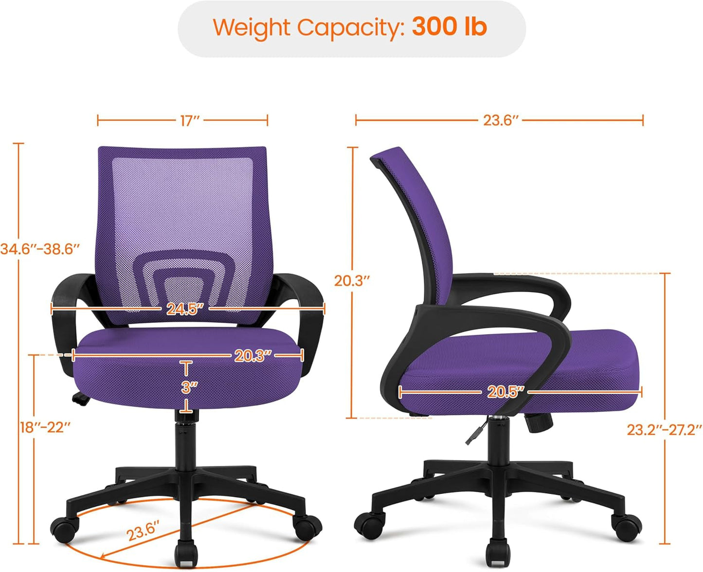 Office Chair Ergonomic Mesh Chair W/Lumbar Support Armrest Wheels Comfortable Racing Seat Adjustable Swivel Rolling Home Executive Mid Back Computer Chair for Adults, Purple-2
