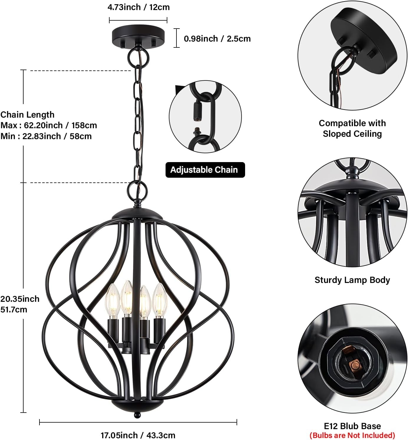 Black 4 Light Geometric Chandelier Pendant Light Dining-4