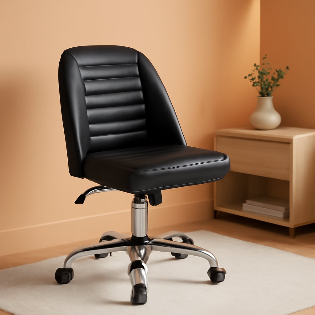 PU Leather Armless Office Chair, Mid Back Desk Chair,Computer Task Chair, Modern Vanity Chair with Rolling Wheels, Metal Base Black-0