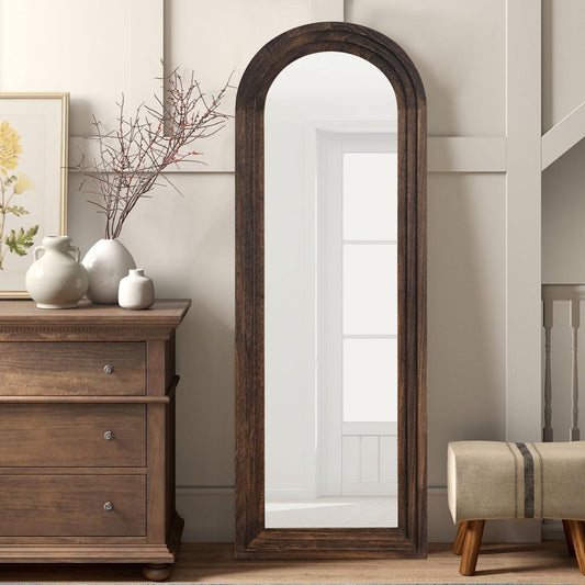 Wooden Arched Floor Mirror with Distressed Style - Wall Mounted Wide Frame Dressing Mirror for Bathroom, Bedroom, Living Room, Dining Room, Entryway, or Farmhouse Decor - Coffee Color - 64 x 21-0