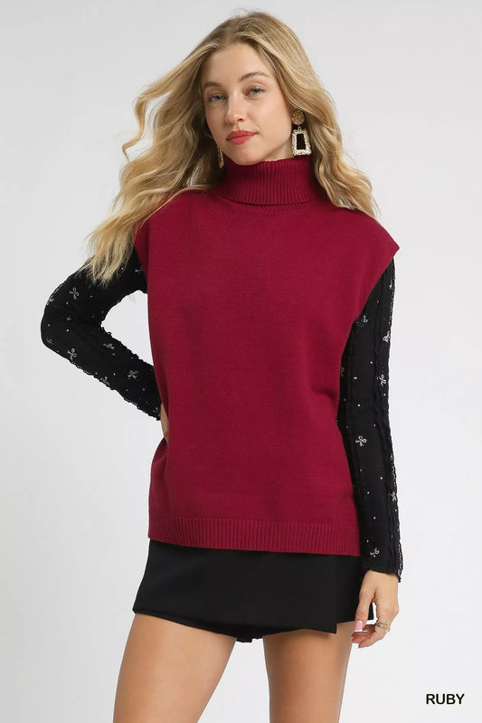 Umgee High-Low Turtleneck Sleeveless Sweater Top