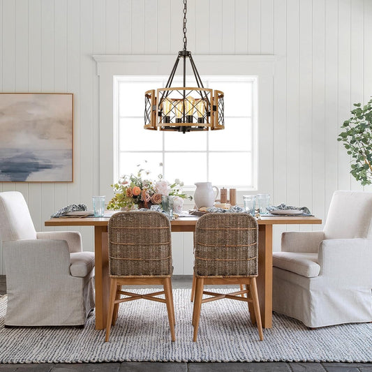 D19'' Farmhouse Chandelier for Dining Room, 4-Light Adjustable Kitchen Island Lighting, Vintage Hanging Pendant Light Fixtures for Entryway Foyer Bedroom Hallway, Black & Dark Oak-0