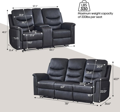 2 Pieces Recliner Sofa Set, Manual Recliner Sofa Set for Living Room Furniture Sets, Reclining Sofa and Loveseat Set, Reclining Loveseat Sofa with Console & Cup Houlders for Living Room-1