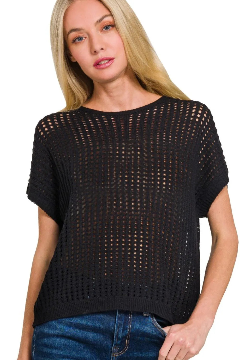 Zenana Viscose Crochet Knit Sheer Hollow Sweater